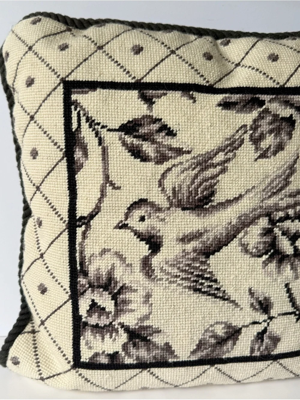 Vintage Bird Lattice Floral Square Needlepoint Decorative Pillow 15x15 in. #2